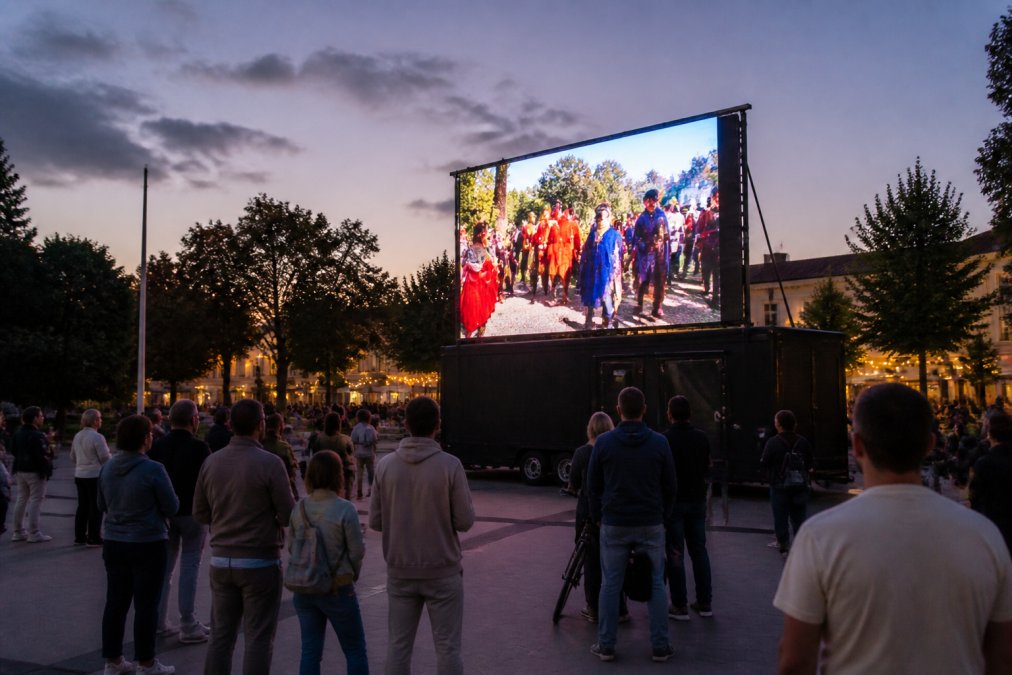 Een groot LED-scherm gemonteerd op een aanhangwagen op een stadsplein tijdens een buitenevenement, met bezoekers die in de schemering naar het scherm kijken