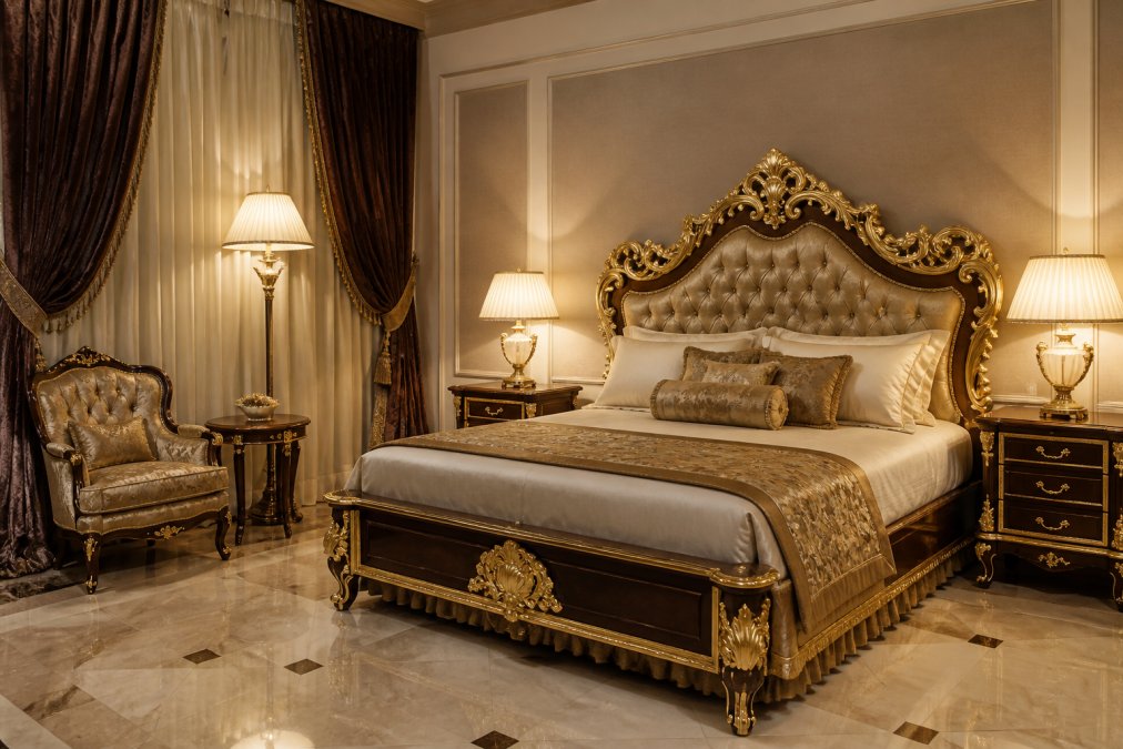 Elegantes Hotelzimmer in luxuriösem Barockstil mit opulentem Bett aus Massivholz mit Blattgoldverzierungen, passenden Nachttischen, dekorativer Stehleuchte, schweren Samtvorhängen, warmem Licht, Marmorboden und stilvollem Sessel in der Leseecke