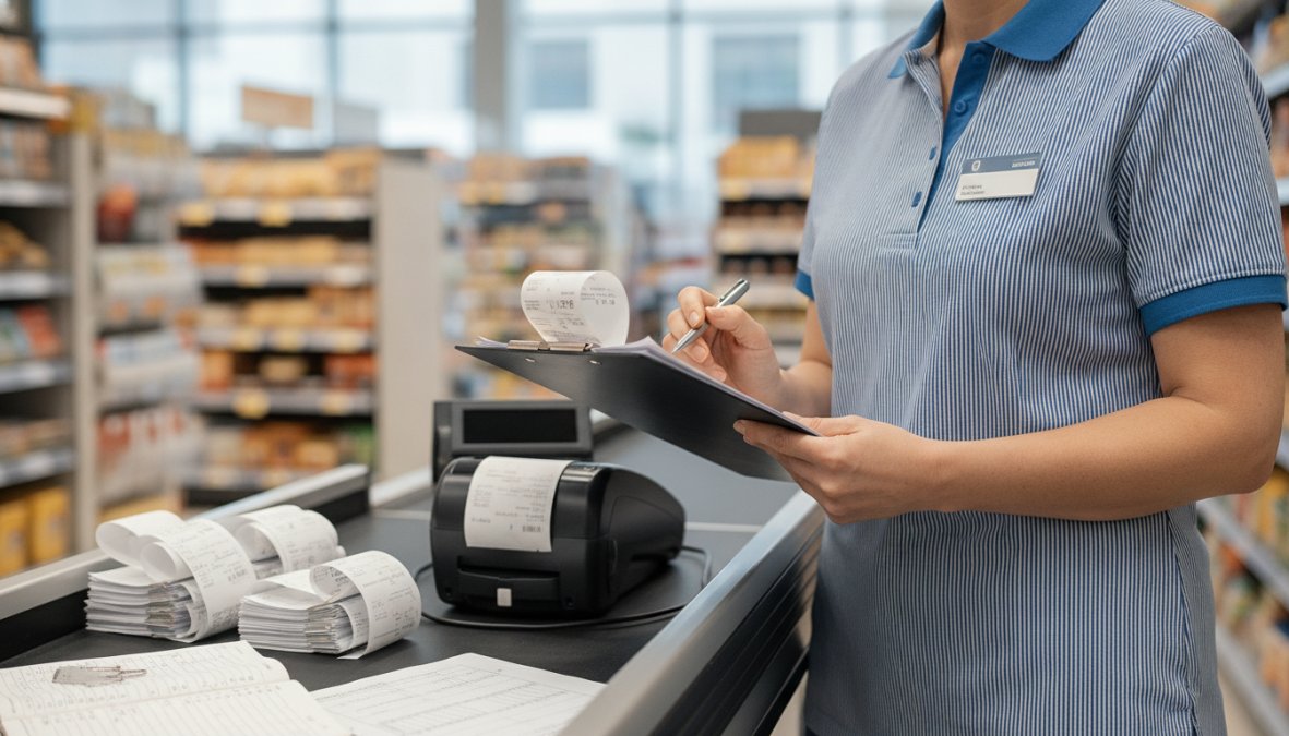 Supermarktleiterin nutzt eine Checkliste für Sicherheit von Kassensystemen und prüft konzentriert einen Kassenbeleg.