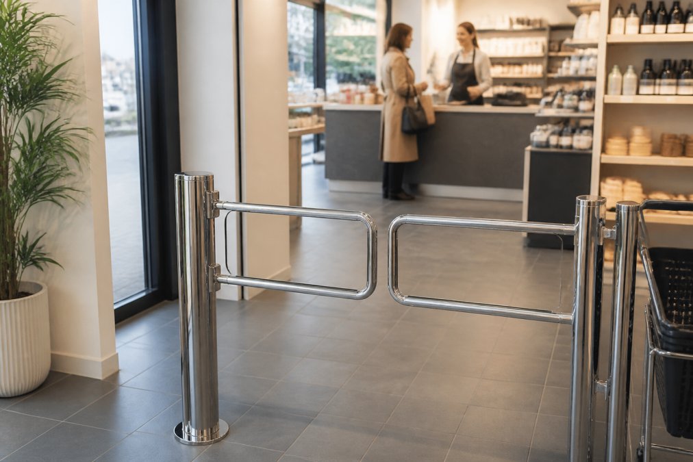 A bright independent retail store entrance with a chrome mechanical swing gate guiding customers into a tidy checkout area, staff member assisting a shopper in the background