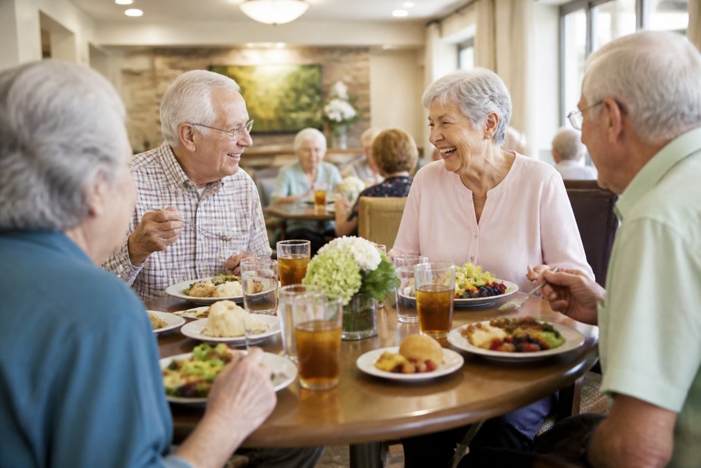 A group of seniors enjoying a meal together at a dining table in a warm, well-lit community dining room, smiling and conversing while eating fresh, restaurant-quality food