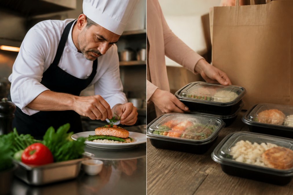 A chef plating an elegant, restaurant-quality meal in a professional kitchen setting with fresh ingredients visible, demonstrating culinary expertise and attention to detail