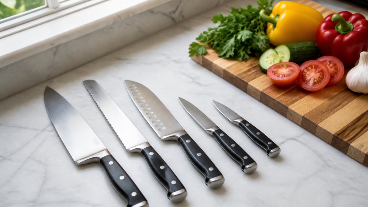 Professional home kitchen counter displaying five different knives arranged by size and type, 8-inch chef knife, 8-inch bread knife, 7-inch santoku, 5-inch utility knife, and 3.5-inch paring knife, with fresh vegetables and a cutting board nearby, natural window lighting