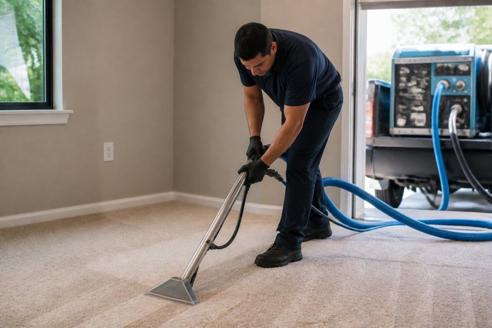 Professional technician in dark uniform operating truck-mounted hot water extraction equipment on residential carpet, with visible water extraction and clean carpet results visible in background, natural daylight from window