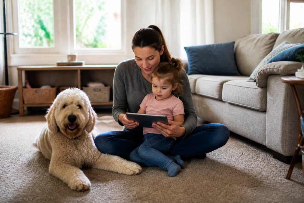 Homeowner with young child and pet dog in living room, reviewing carpet cleaning service options on tablet, natural afternoon light from windows, comfortable home setting