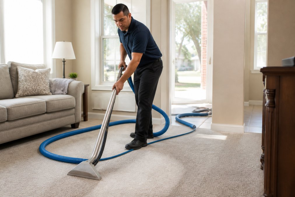 Professional carpet cleaning technician using truck-mounted extraction equipment on residential carpet in living room, demonstrating powerful extraction with hose and wand, bright natural lighting from windows