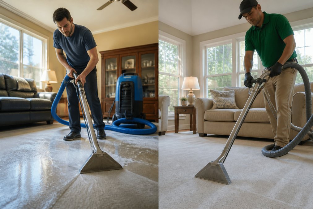 Homeowner operating rented professional-grade carpet cleaning machine in living room with visible water extraction and wet carpet, concentrated effort visible on face, afternoon sunlight through windows