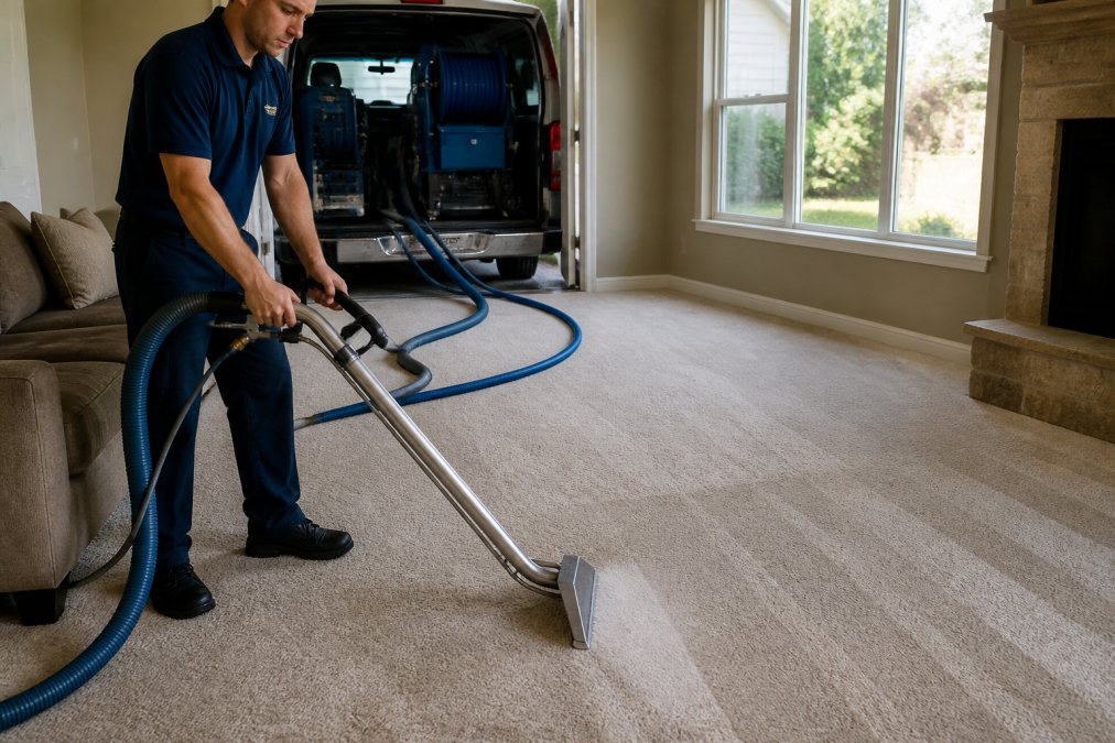Professional technician in uniform operating truck-mounted carpet extraction equipment in a residential living room, with visible extraction hose and clean carpet visible in background, natural afternoon lighting through windows