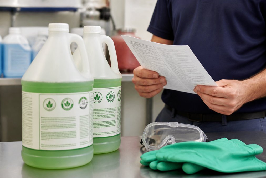 Close-up of eco-friendly green-certified cleaning solution bottles with certification labels displayed on a clean workspace, with technician reviewing product safety information sheet under bright lighting