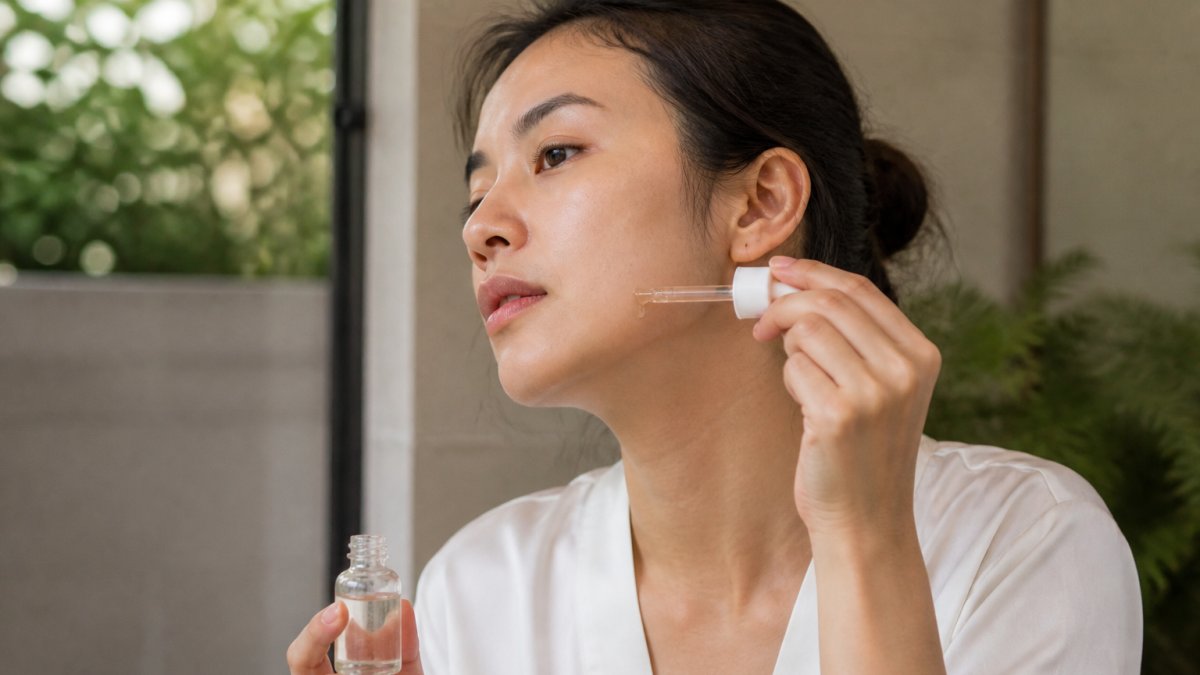Woman applying a small amount of exfoliating serum to her jawline for a patch test