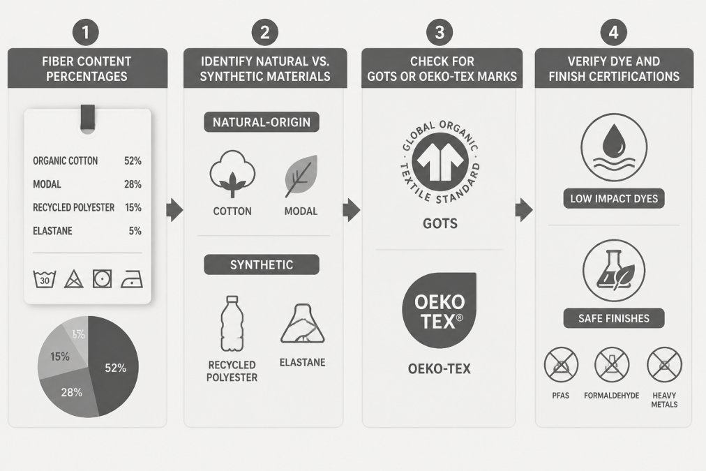 Flowchart showing label interpretation: Fiber content percentages → Identify natural vs. synthetic materials → Check for GOTS or OEKO-TEX marks → Verify dye and finish certifications