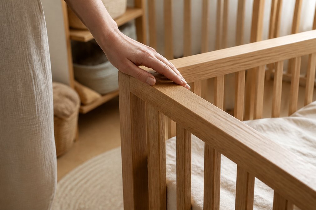 Close-up of natural wood nursery furniture with soft natural light highlighting the grain texture and finish quality, with a parent's hand gently touching the wooden surface to show quality craftsmanship