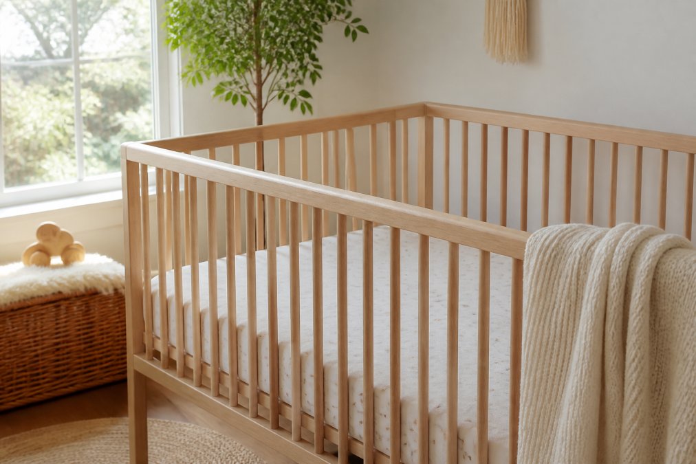 A serene nursery scene with a crib dressed in soft organic cotton bedding, natural light streaming through a window, showing a calm and safe sleep environment with wooden furniture visible