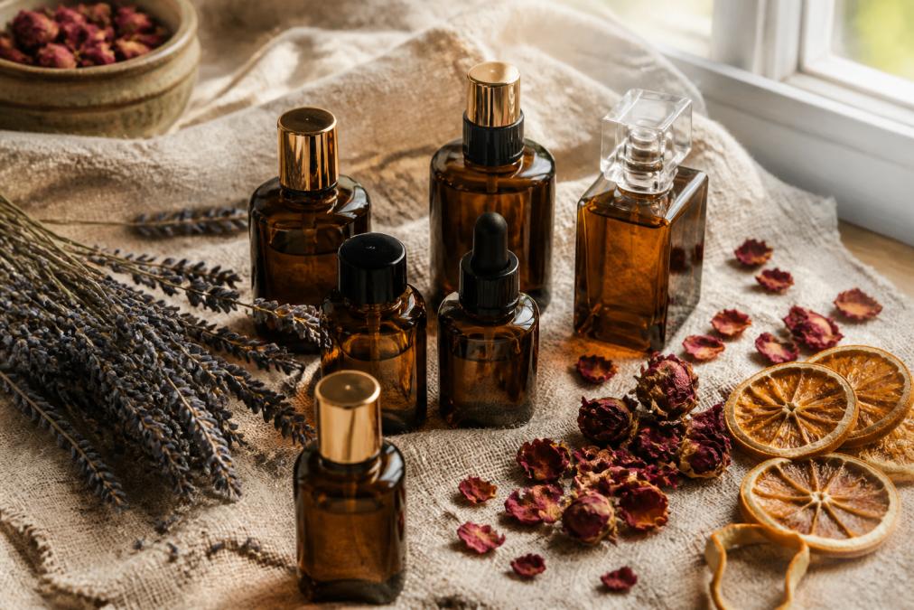 A flat lay of amber glass perfume bottles surrounded by lavender sprigs, dried rose petals, and citrus slices on a soft linen cloth, warm natural window lighting