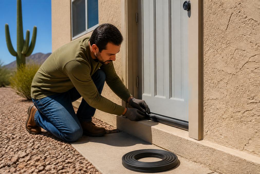 Homeowner installing weather stripping on a stucco door for desert pest control in an Arizona landscape.