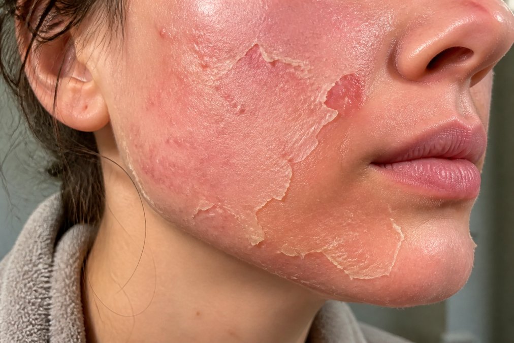Close-up of skin showing erythema and mild swelling in the days following a chemical peel treatment, with visible crusting and flaking on the face