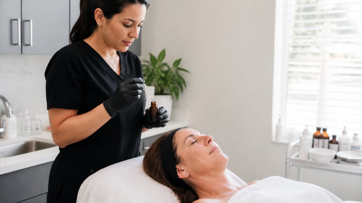 Esthetician preparing a chemical peel for a woman relaxing in a modern San Antonio medical spa treatment room.