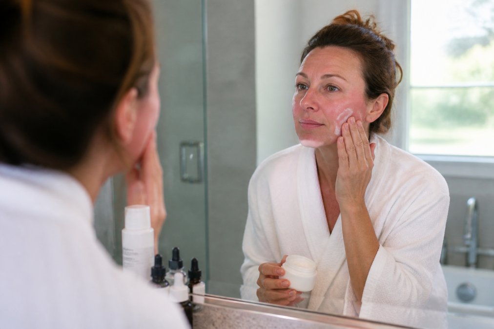 A woman in her 40s with bare, slightly pink skin gently applying moisturizer to her face while looking in a bathroom mirror, soft natural lighting, skincare products visible on the counter