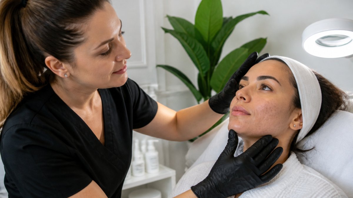 Professional demonstrating skincare assessment for acne scarring treatment in modern clinical setting with natural lighting, examining patient's face texture and scar depth