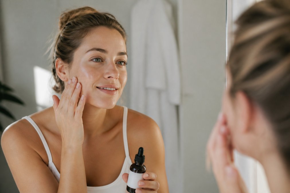 Young woman in her 20s examining her complexion in natural morning light, holding a skincare product, with clear skin showing minimal sun damage