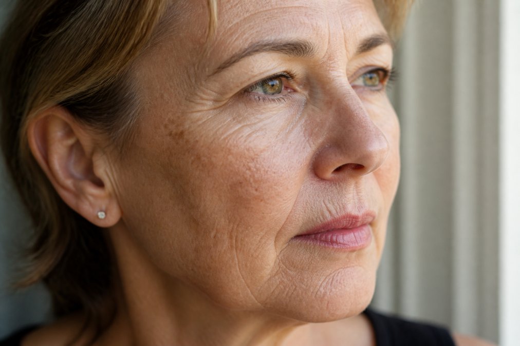 Close-up of mature woman's face in natural window lighting, showing fine lines, age spots, and sun-damaged skin texture on cheek and forehead area