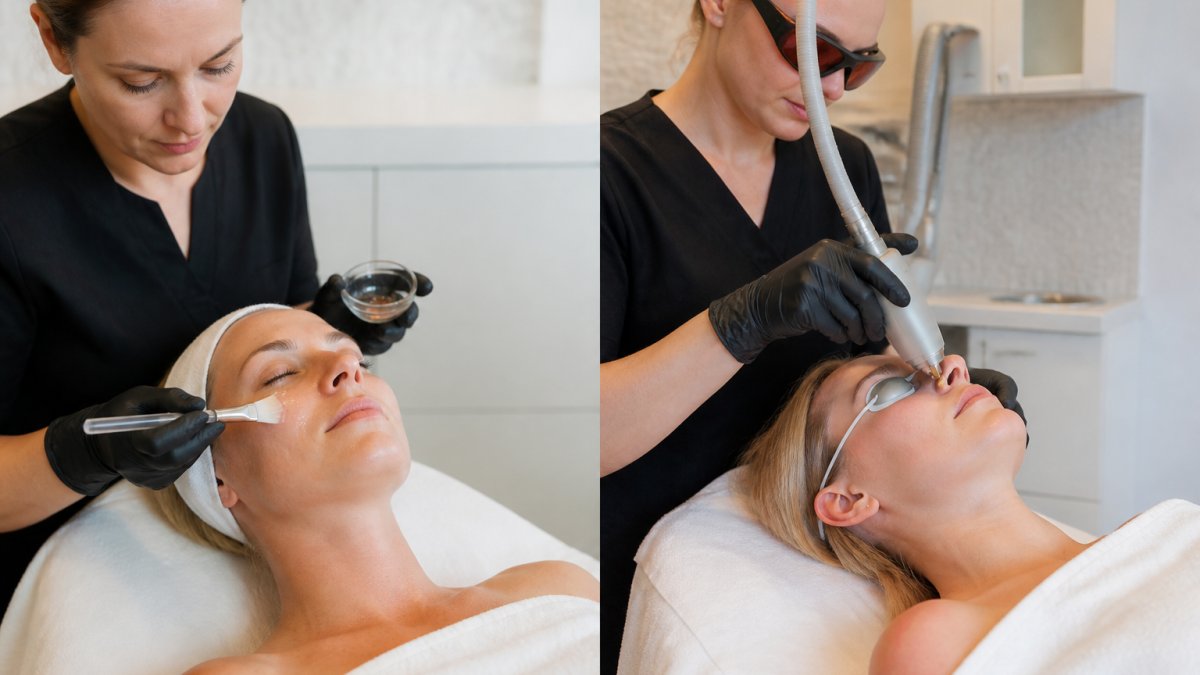 Close-up of a practitioner's gloved hands applying a clear chemical solution to a client's face with a small brush in a bright, modern clinic treatment room