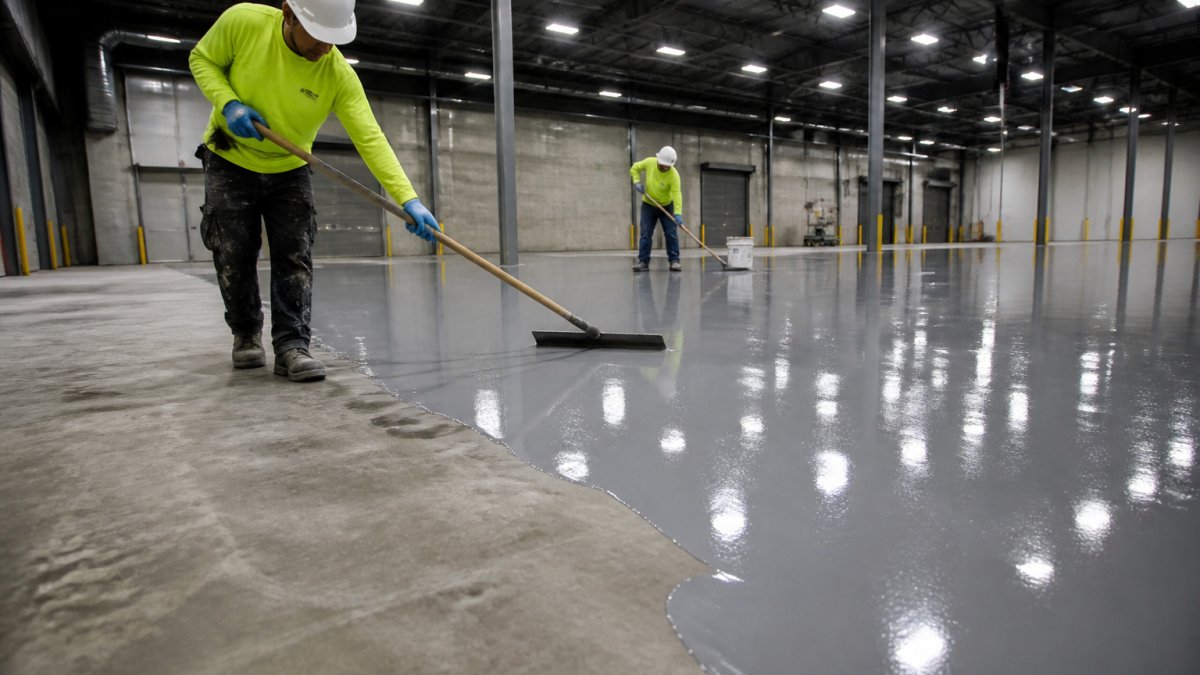 A commercial flooring crew in safety gear applying a chemical resistant epoxy coating to a concrete warehouse floor with a squeegee and roller, industrial lighting overhead