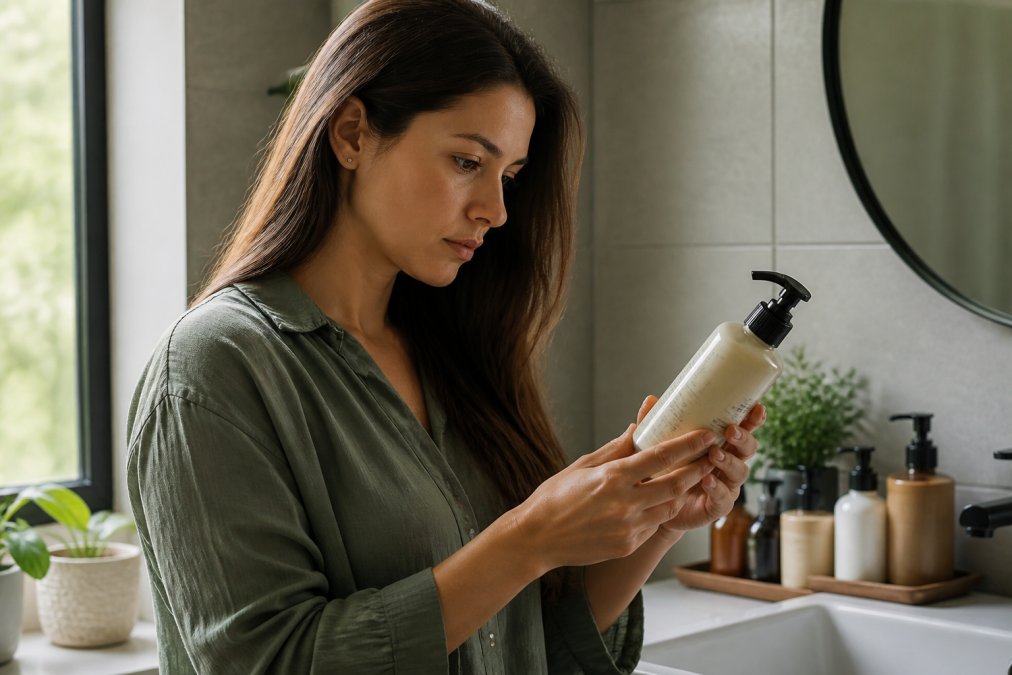 Close-up of a person examining shampoo bottle labels in a bathroom, reading ingredient lists carefully with natural light streaming through the window