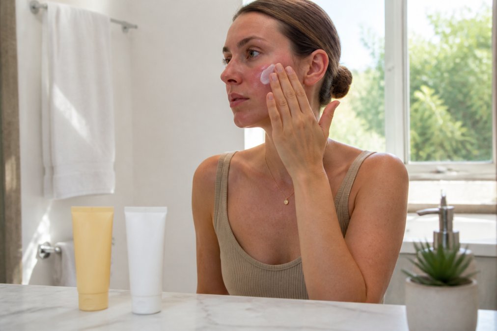 Woman with sensitive skin applying sunscreen near mineral and chemical bottles on a marble bathroom counter