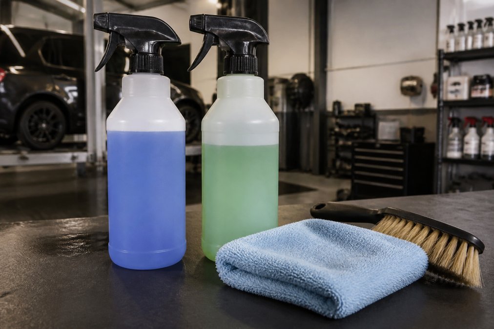 Close-up van twee verschillende reinigingsflessen op een werkbank in een garage, de ene gelabeld als chemische reiniger, de andere als biologisch product, met een microvezeldoek en borstel ernaast, harde werkplaatsverlichting