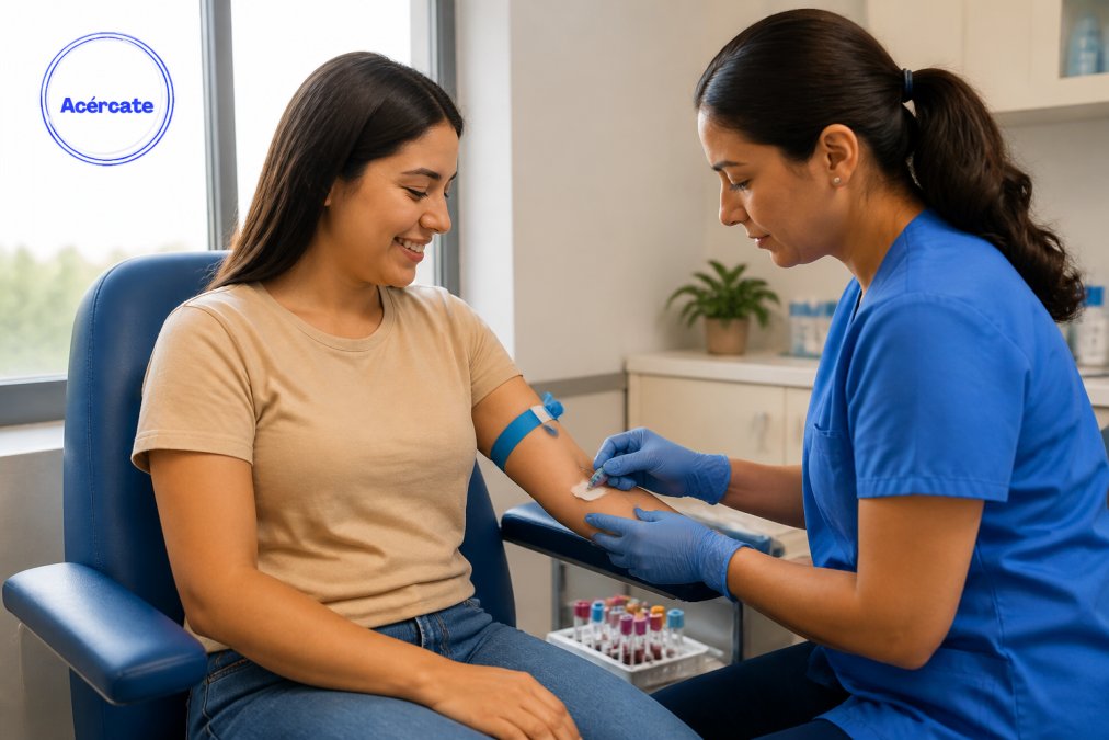 Paciente sentada en consultorio médico moderno mientras enfermera profesional toma muestra de sangre con equipo estéril, ambiente limpio con luz natural y equipo médico visible de fondo