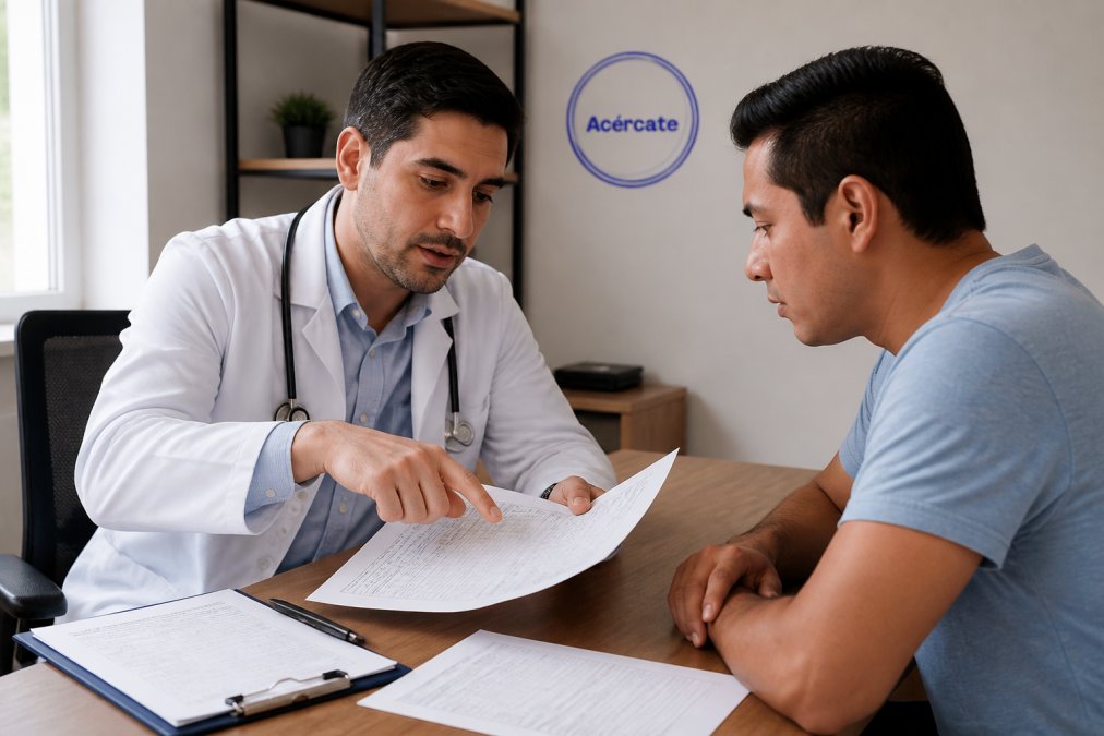 Médico internista profesional revisando resultados de laboratorio impresos con paciente en consultorio, ambos observando documentos mientras médico señala y explica hallazgos específicos