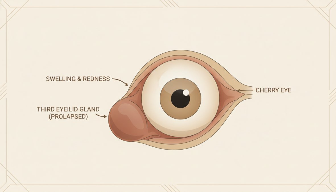 Close-up of a dog's eye showing visible redness and swelling of the third eyelid area, illustrating the characteristic appearance of cherry eye