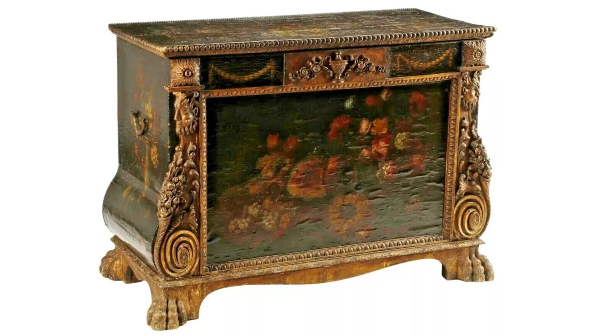 Chest, Antique, Spanish Painted, Leather & Wood Chest, 17th C., 1600s / 1700s!