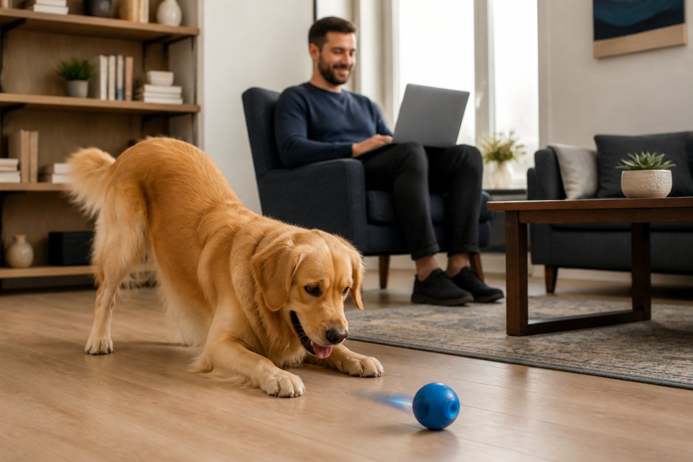 A dog playing with an innovative pet toy ball while a person works on a laptop in a bright living room.