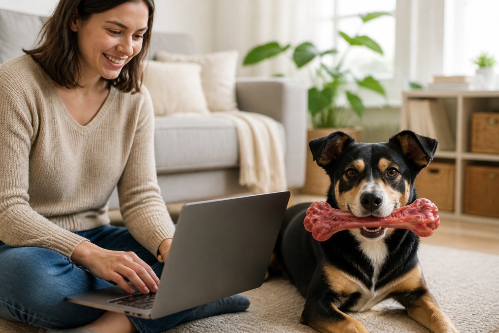 Pet owner browsing specialty pet food options on a laptop at home with a dog sitting nearby, natural window lighting
