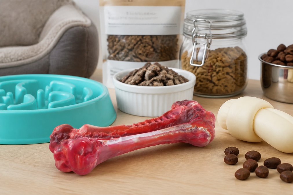 Close-up of premium pet supplies including puzzle toys, treats, and specialty food packages arranged on a clean surface with natural lighting