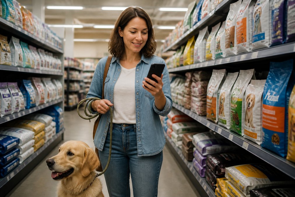 A pet owner holding a dog leash in one hand and a smartphone showing an online order in the other, standing in a bright, modern pet supply store aisle with shelves of food bags in the background