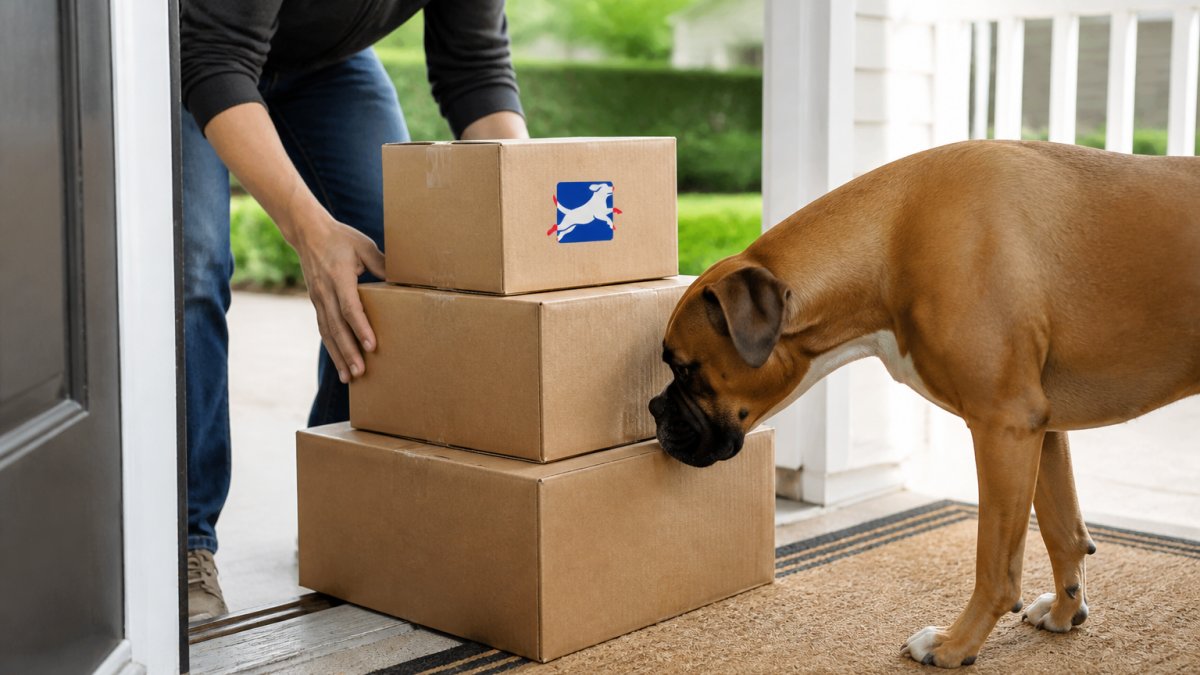 A person in a home entryway picking up a stack of cardboard delivery boxes from the porch, with a dog sniffing one of the packages