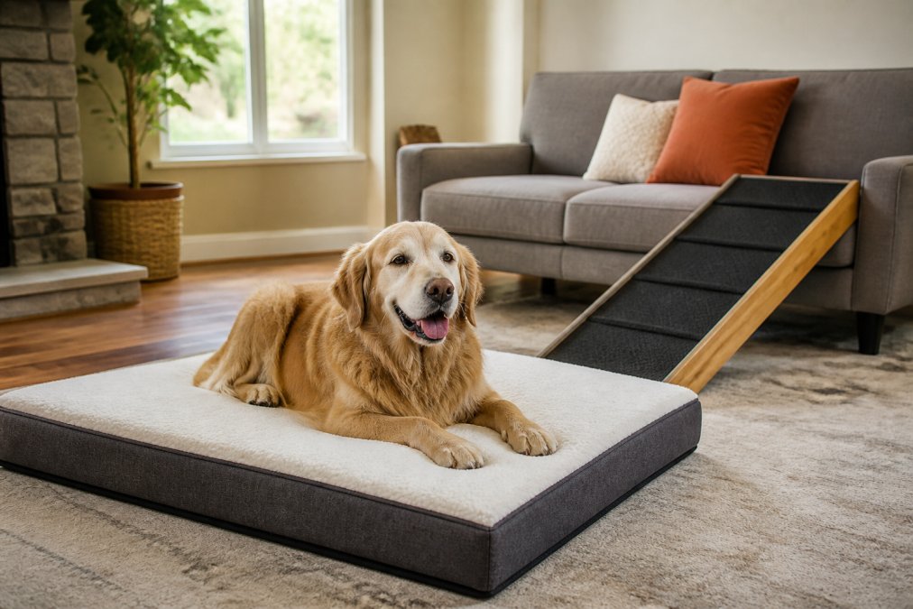 Senior golden retriever resting on an orthopedic memory foam bed, a key tool for comfortable senior pet care.