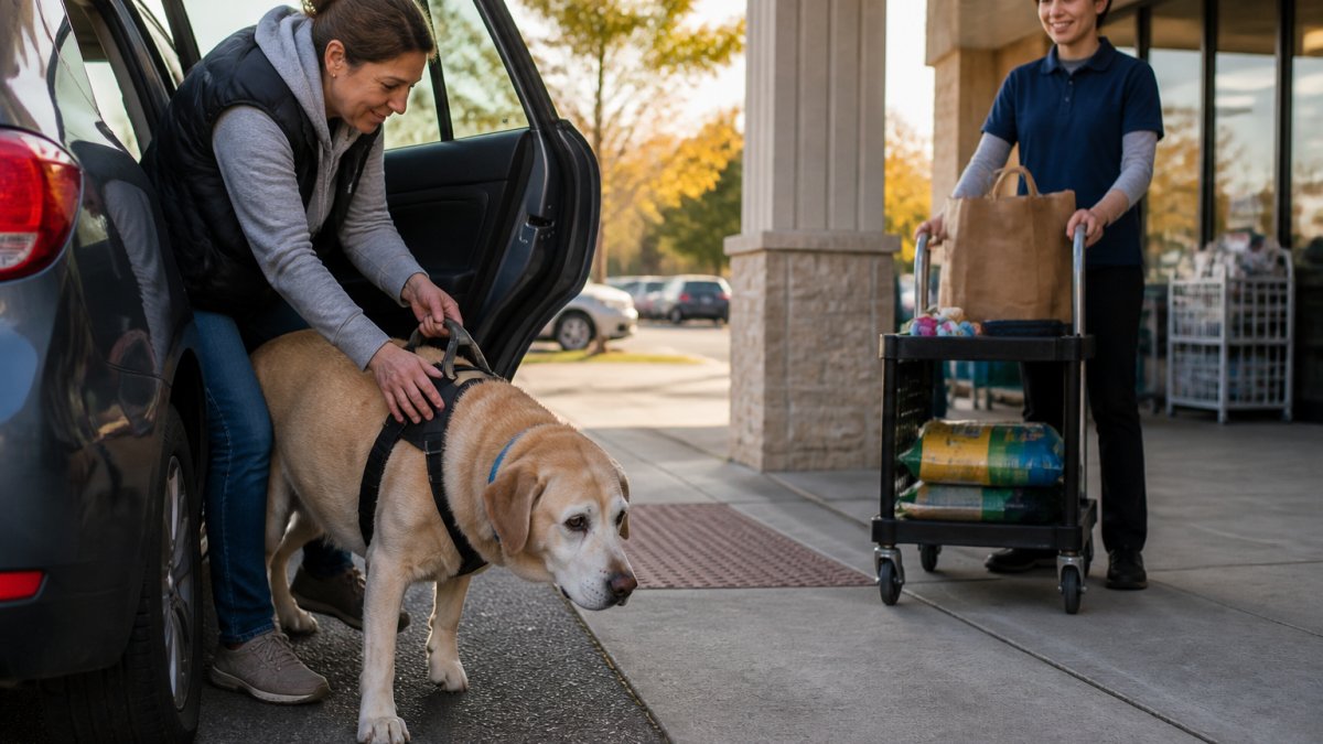 Owner helping a senior Labrador from a car for curbside service, illustrating a key factor in chewy vs petco.