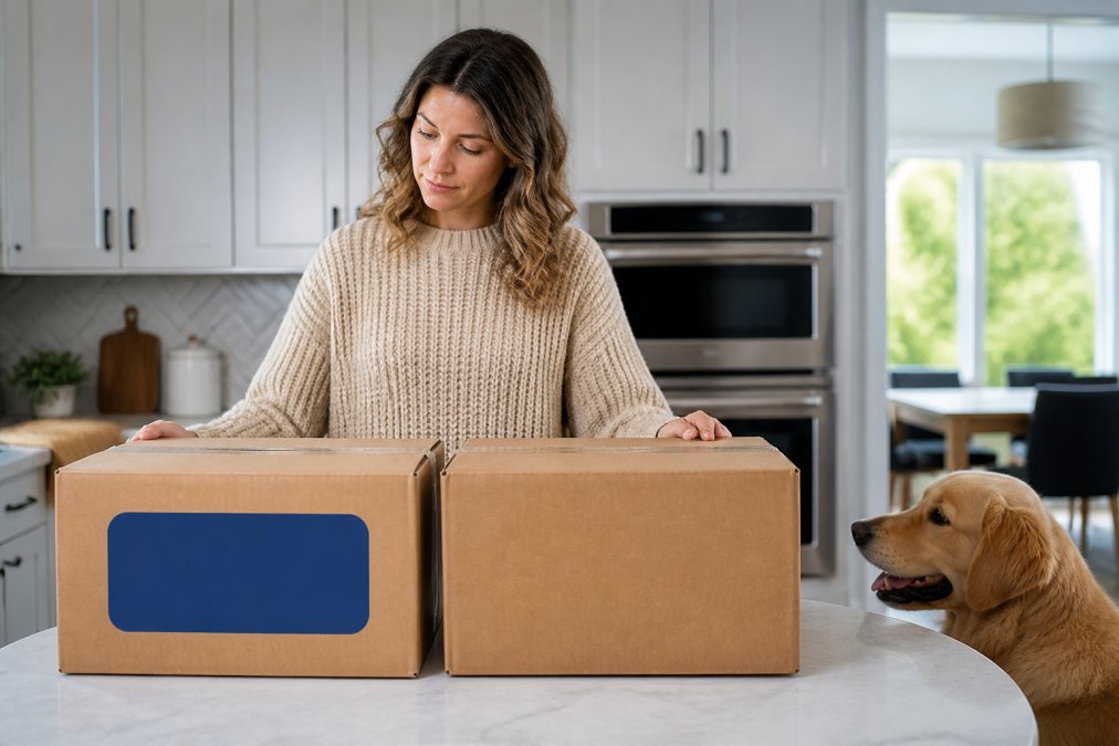 A pet owner standing in a bright kitchen comparing two cardboard delivery boxes, one with a blue logo and one with a generic label, with a dog waiting nearby