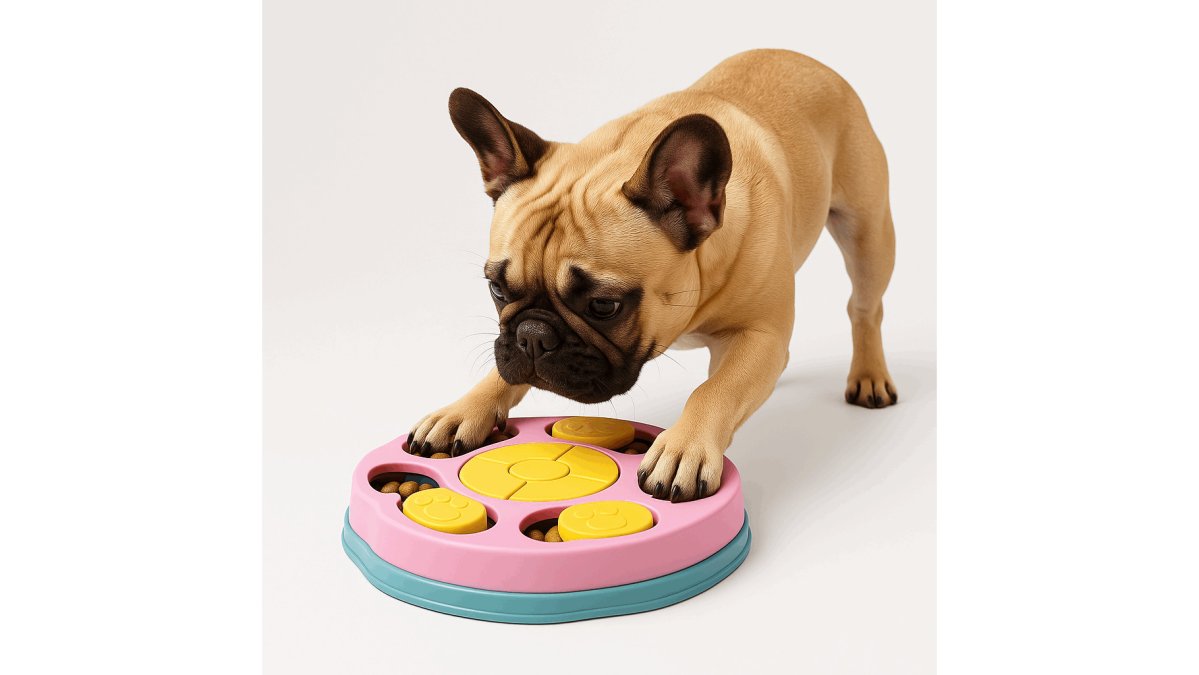 A calm golden retriever using its nose to slide a paw-shaped cover on a green puzzle feeder in a bright, quiet kitchen