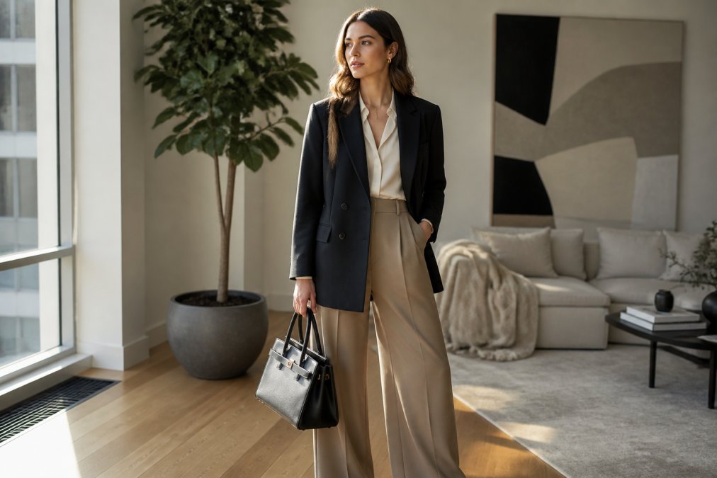 A woman in a tailored blazer and wide-leg trousers standing in a bright, modern apartment, styled with a structured handbag and minimal jewelry