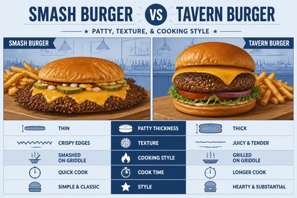 Close-up of two burgers side by side on a wooden board: one thin smash burger with crispy lacy edges and melted American cheese, one thicker tavern-style burger on a toasted bun, with fries in the background at a casual neighborhood bar