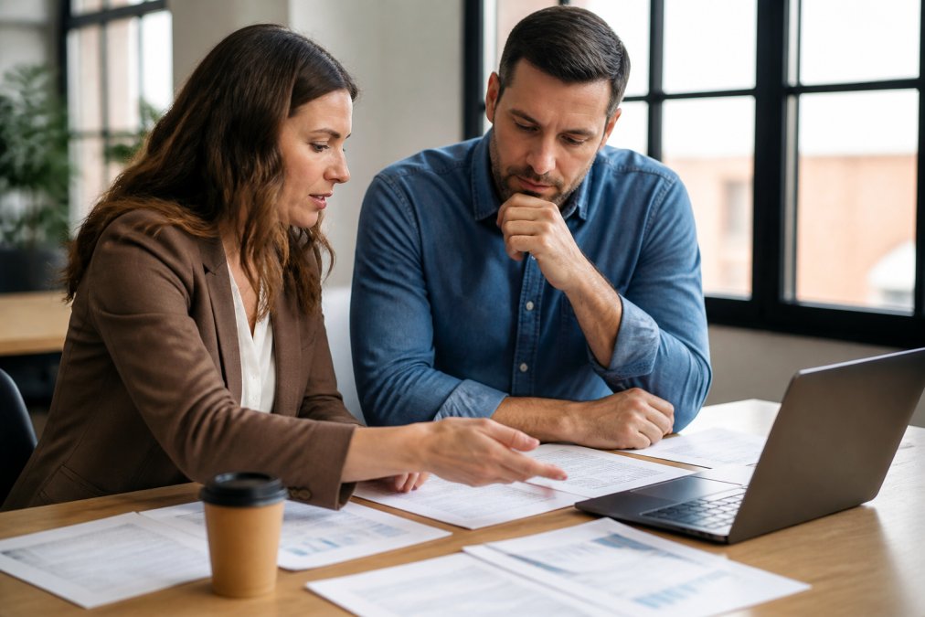 Startup founder and fractional CMO reviewing growth metrics and strategic planning documents at a modern office desk with laptop and coffee, natural light from windows