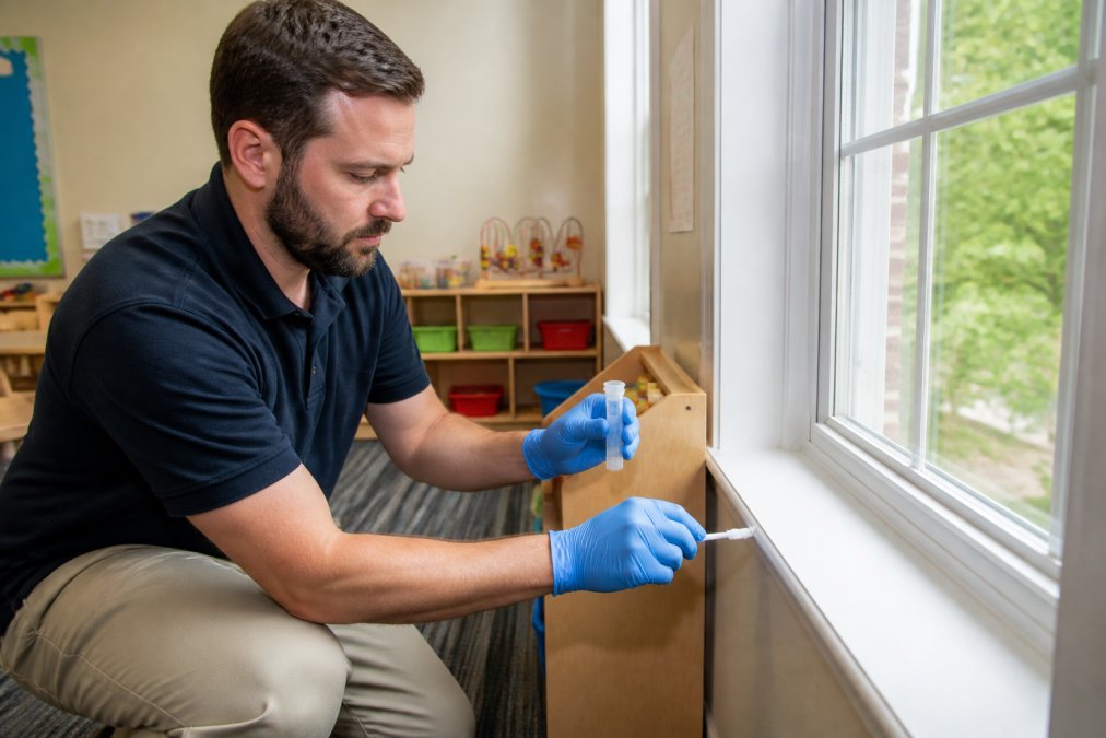 Professional inspector collecting lead dust wipe samples from a windowsill in a bright child care classroom with toys and educational materials visible