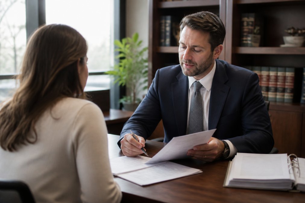 Parent meeting with family law attorney in professional office setting, reviewing custody documents and paperwork on desk with natural lighting