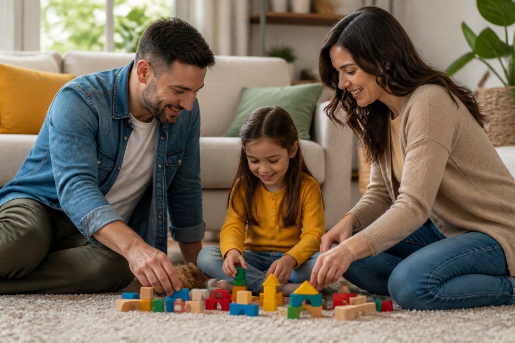 Two parents and child together in calm, supportive environment illustrating cooperative parenting and shared time, warm natural lighting