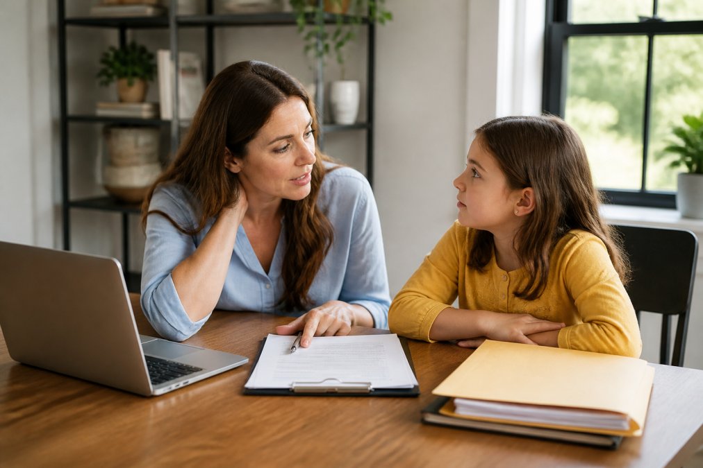 Parent and child sitting together at a desk with custody paperwork and a laptop, having a calm conversation about family planning in a bright home office